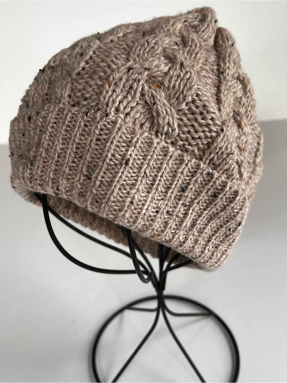 Aran Crafts Cable Knit Beanie in Taupe Speckle